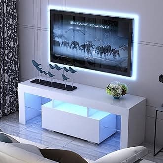 WERSMT LED TV Stand for 60 Inch TV, Entertainment Center with Shelves and Drawer, Modern TV Consoles for Living Room Bedroom, High Gloss TV Table, White