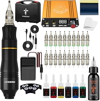 Phoenixy Tattoo Kit - Tattoo Machine Gun Kit with 20Pcs Cartridge Needles 7 Colours Tattoo Ink Tattoos Kits for Beginners, Tattoos Machine Pen Complete Kit for Tattoos Supplies (PH-05)