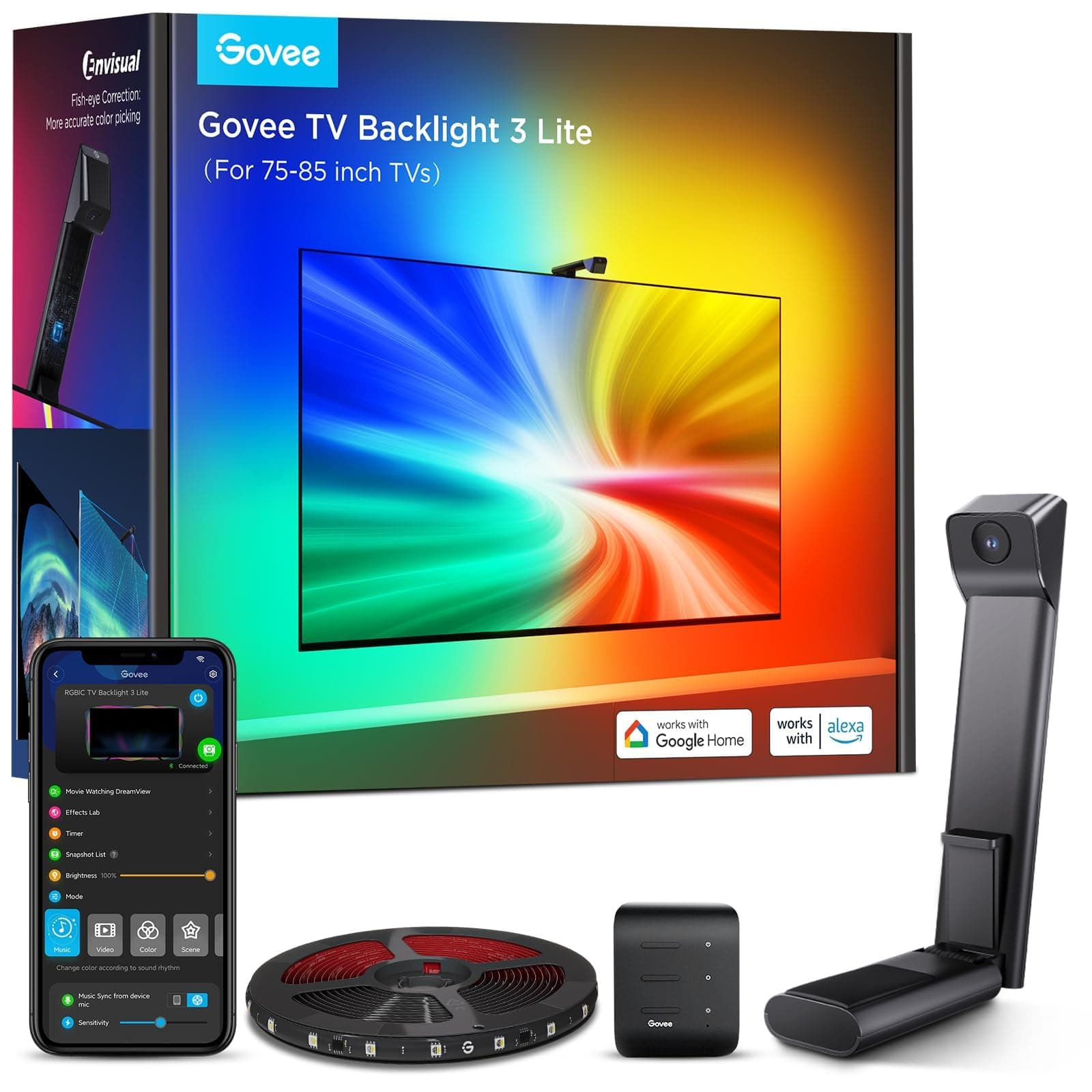 TV Backlight 3 Lite with Fish-eye Correction Function Sync to 75-85 Inch TVs, RGBICW Wi-Fi TV LED Backlight with Camera, 4 colours in 1 Lamp Bead, Voice and APP Control, Adapter