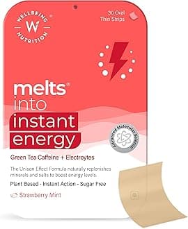 Wellbeing Nutrition Melts Instant Energy, Green Tea Extract, Essential Electrolytes and Vitamins for Endurance, Sports Hydration, Pre Workout - 30 Oral Strips