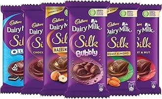 Dairy Milk Silk Large Chocolates Combo(1 X Silk Plain 150G,1 X Silk Oreo 130G,1 X Silk Bubbly 120G,1 X Silk Roast Almond 143G,1 X Silk Fruit And Nut 137G And 1 X Silk Hazelnut 143G),823 Grams