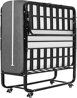 DICTAC Folding Bed with Mattress 75x38 Twin Size Bed Frame Portable Foldable Guest Beds for Adults Rollaway Beds with Wheels Fold up Beds with Metal Slats- 5'' Luxurious Memory Foam Mattress