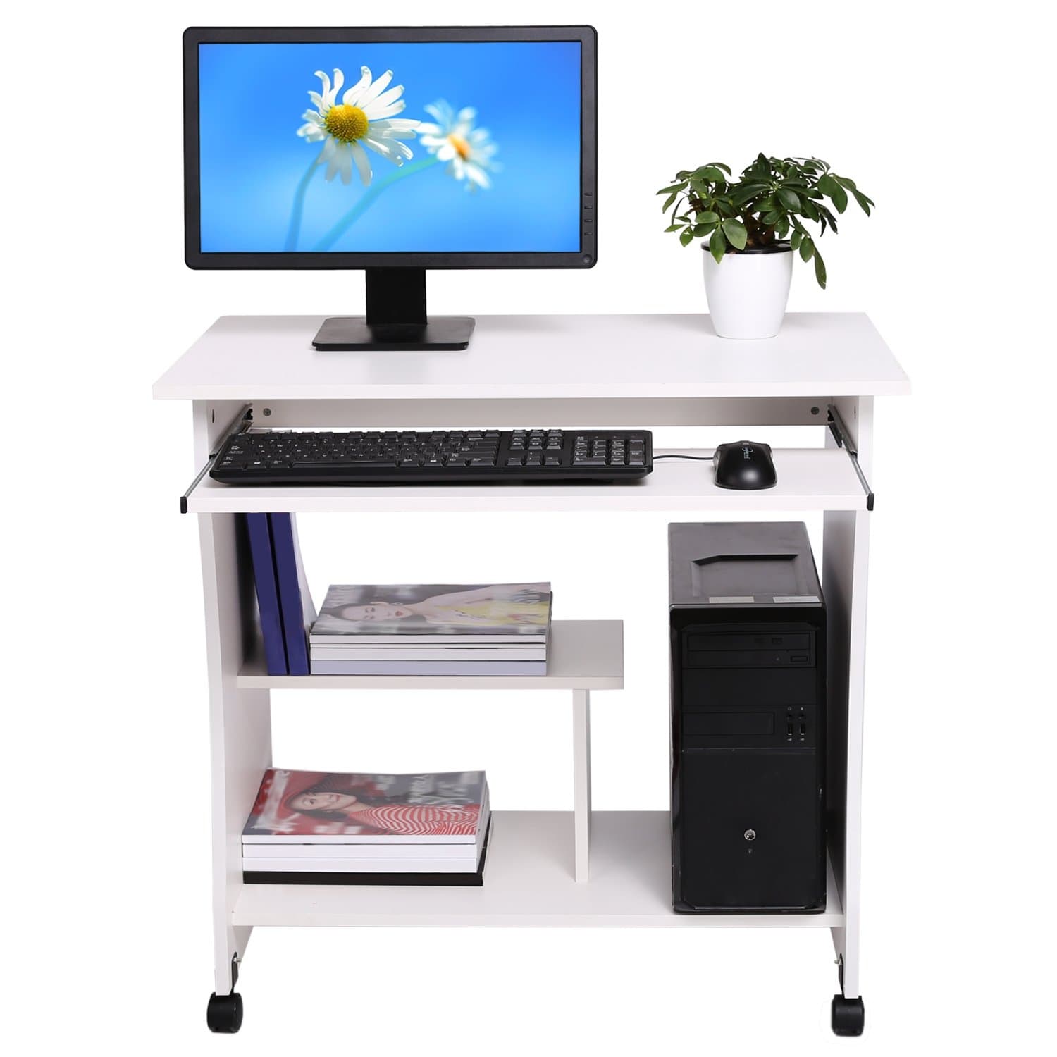 CRAVOG Space Saver MDF Computer Desk PC Table Wheels Home Office Furniture Beech, with Sliding Keyboard and Cupboard Drawers