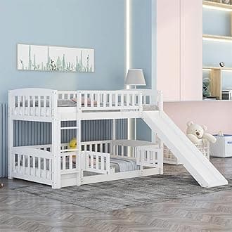 Bellemave Twin Over Twin Low Bunk Bed with Slide and Fence Railings Wood Floor Bunk Beds with Ladder for Kids Boys Girls Teens, White
