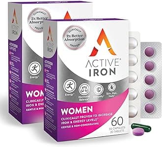 Active Iron Supplement 25mg + Multivitamin for Women, Clinically Proven to Increase Iron & Energy Levels, Maximum Absorption, Gentle, Non-Constipating, 60 Capsules + 60 Tablets in On-the-Go Foil Packs