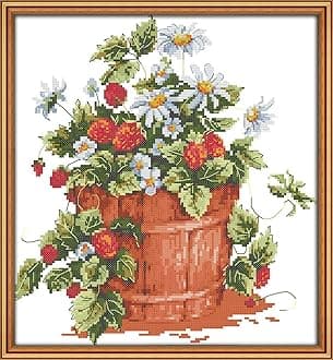 CaptainCrafts Cross Stitch Kits, New Counted Kit Unprinted 14CT Fabric Cross Stitching DIY Art DMC Needlecrafts Embroidery Kit for Adults Beginner (White, Strawberry)