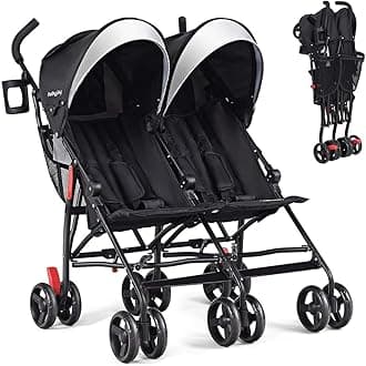 BABY JOY Double Light-Weight Stroller, Travel Foldable Design, Twin Umbrella Stroller with 5-Point Harness, Cup Holder, Sun Canopy for Baby, Toddlers (Black)