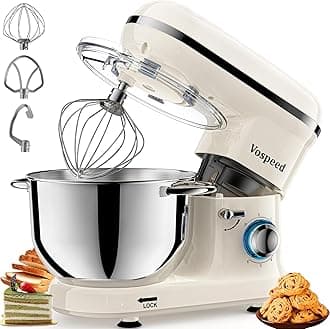 Stand Mixer, Vospeed Food Mixer Dough Blender, 6.2L Electric Cake Mixer with Bowl, Beater, Hook, Whisk, Egg Separator & Silicone Spatula, Dishwasher Safe (White)