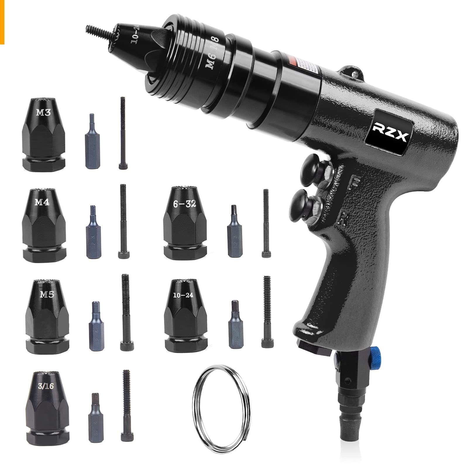 Pneumatic Rivet Tool Pneumatic Rivet Nut Setting Gun with Quick-Change M3 M4 M5 6-32 10-24 3/16 6pcs Mandrels (BT601)