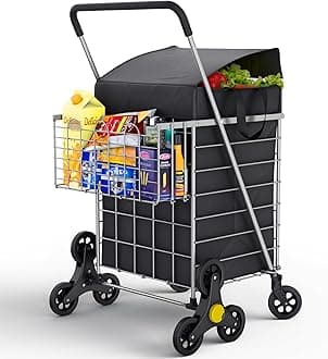 Our Modern Space Stairs Climbing Shopping Cart w/Waterproof Basket Liner & 360° Swivel Wheels | Foldable Collapsible & Lightweight | Perfect for Groceries Laundry Utility Cart - Silver