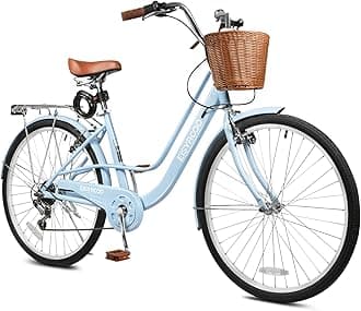 26 Inch Beach Cruiser Bike for Ladies, 7-Speed Women Bike for Adults with Basket & Rack, City Bicycle for Commuting, Step Through City Bikes for Woman Adults Ladies