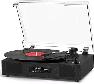 Vinyl Record Player Turntable with Built-in Stereo Speakers, Vintage 3-Speed Turntable for Vinyl Records USB SD Recording with Bluetooth Music Playback,RCA Out and Digital Display, Black