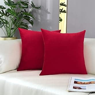 mixeoo Comfy Bright Red Throw Pillow Covers Santa Decorative Square Solid Thick Velvet Super Soft Cushion Cases Home Decor for Sofa Couch Living Room Chair, Set of 2, 18 x 18 Inch