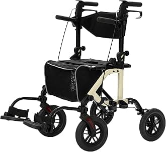 ELENKER All-Terrain 2 in 1 Rollator Walker & Transport Chair, Folding Wheelchair with 10” Non-Pneumatic Wheels for Seniors, Reversible Backrest & Detachable Footrests, Champagne