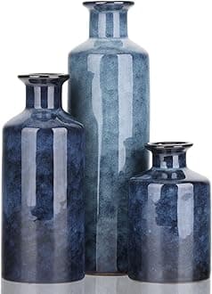 Blue Ceramic Vase Set - 3 Blue Small Vases, Farmhouse Country Flower Vase Home Decor, Living Room Decoration, Table Decoration, Fireplace Decor, and Entrance Decorations Centerpieces
