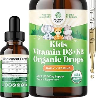 Natures Craft Kids Vitamin D3 K2 Drops - Organic Vitamin D for Kids for Strong Bones & Joints - Infants, Babies and Toddler Immune Support Drops Liquid Supplement - 2Fl Oz (Pack of 1)