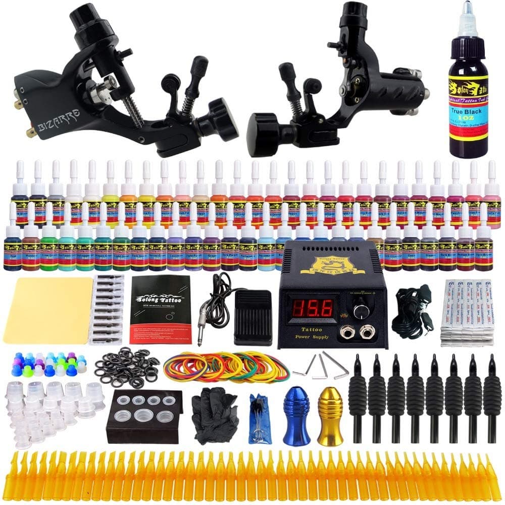 Beginner Professional Tattoo Kits 54 Inks Set Complete Set 2 Rotary Machine Guns Lining Shading Tattoo Inks Power Needles TK255