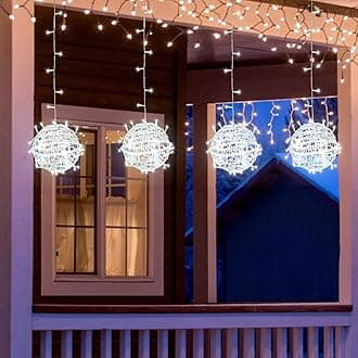 Outdoor Christmas Balls Lights 4 Pack Hanging 7.9" LED Garden Sphere Tree Lights 8 Modes Waterproof Glow Globe Light with Memory Timer Plug for Yard Porch Eave Patio Home Bedroom Decoration-Cool White