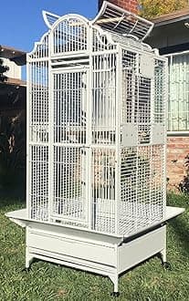 Large Elegant and Durable Wrought Iron Open Play Top Perch Stand Bird Parrot Rolling Cage with Solid Plated Metal Feeder Doors Side Nest Door, Include Metal Seed Guard