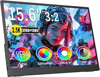 2.5K Portable Monitor 15.6inch UHD 2560 * 1680 for Laptop, 100% sRGB 500nits HDR IPS External Display w/Smart Cover & VESA Mount, USB-C HDMI Travel Second Screen for PC Mac Phone Xbox PS5