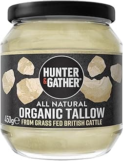 Hunter & Gather Organic Beef Tallow from Grass Fed British Cows 450g | Gluten Free, Seed Oil Free | Keto, Low Carb, Paleo I Ancestrally Inspired Nutrition I Simply 1 Ingredient I Glass Jar