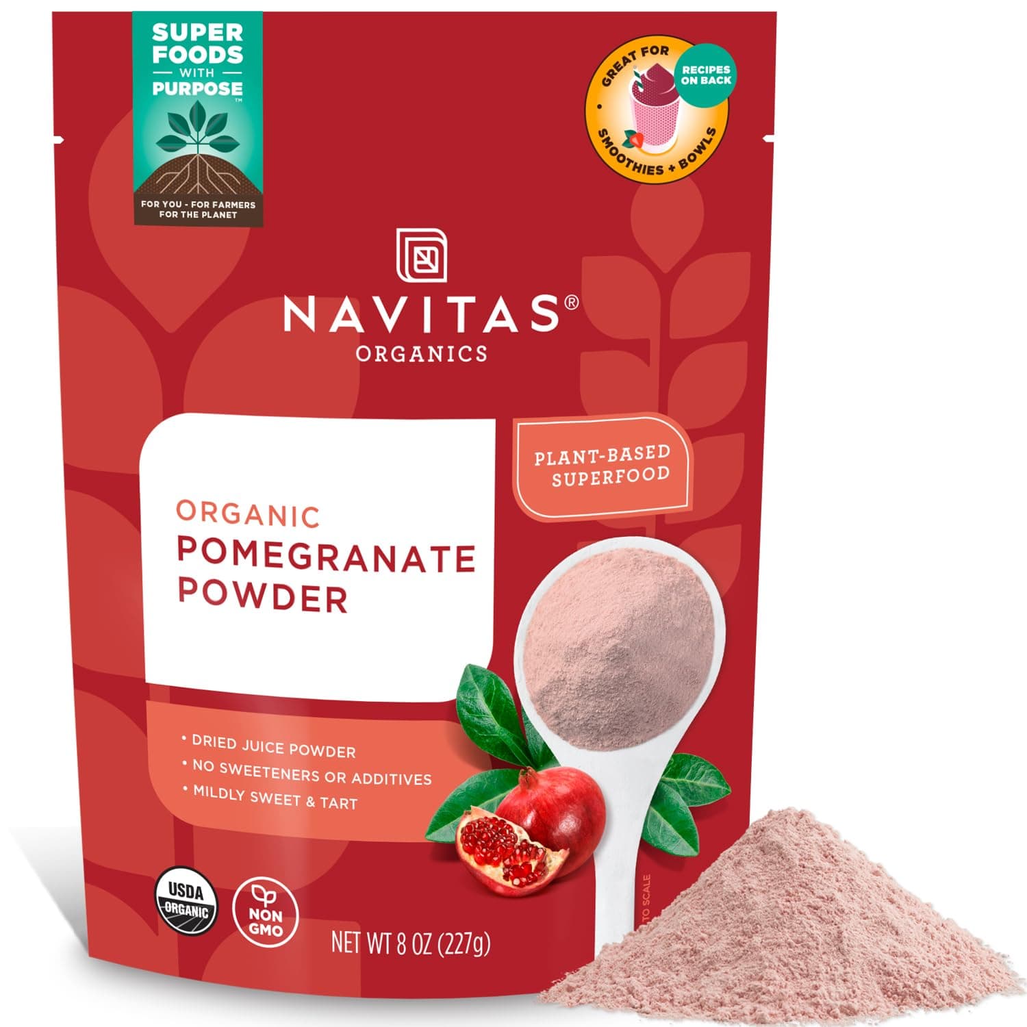 Pomegranate Powder – Organic Juice Powder - For Smoothies, Desserts, Dips & More – Antioxidant Support - USDA Organic, Non GMO, Kosher, Gluten Free, Vegan (8oz. Bag, 45 Servings)