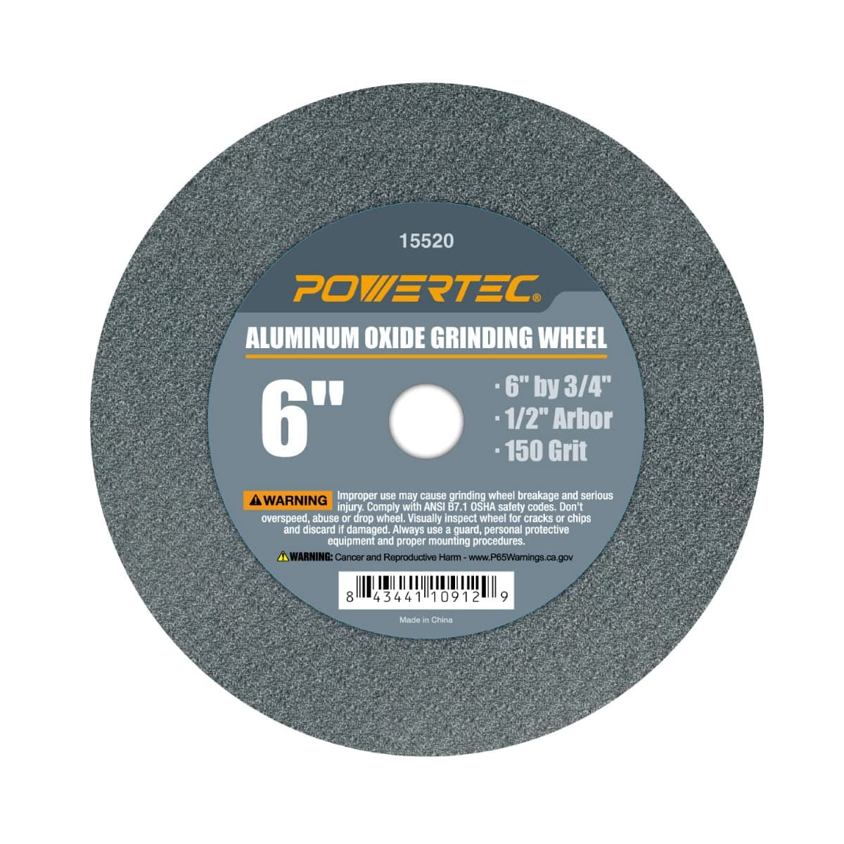 POWERTEC Bench Grinder Wheel 6 Inch 150 Grit, Aluminum Oxide Grinding Wheel for Bench Pedestal Grinder, 3/4" Thick 1/2" Arbor, Sharpening & Shaping Drill Bits, Blade, and Chisel 1PK (15520)