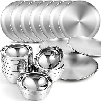 Sunnyray 304 Stainless Steel Plates and Bowls Metal Camping Plates Reusable 13 oz Steel Snack Bowls Dinner Dishes Double Walled Insulated Metal Dinnerware(10 Sets,8 x 8 Inch)
