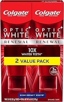 Colgate Optic White Renewal Teeth Whitening Toothpaste with Fluoride, 3% Hydrogen Peroxide, High Impact White, Mint - 3 Ounce (2 Pack)