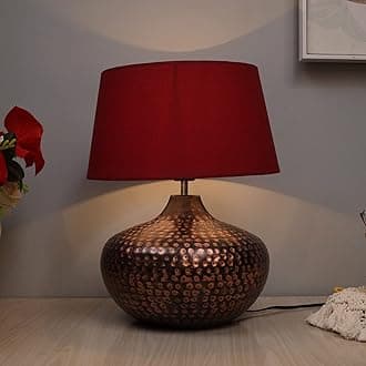 Antique Table Lamp Incandescent Hammered Oil-Rubbed Bronze Metal Linen Drum Shade For Living Room Family Bedroom, (Gourd, Red)