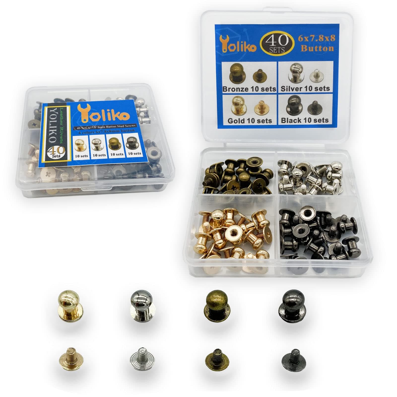 Yoliko 40 Pack 4 Color Round Phillips Head Button Stud Screws 6x7.8x8mm Chicago Screws Nail Rivet Leather Button Brass Rivets for DIY Leather Craft