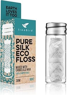 Pure Silk Eco Floss | 33yd Silk Dental Floss Spool in a Refillable Glass Dispenser | Waxed with Candelilla Wax | Mint