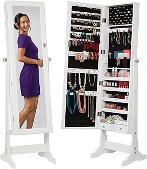 Best Choice Products Freestanding Jewelry Armoire Cabinet, Full Length Standing Mirror, Lockable Makeup Storage Organizer, w/Velvet Lining, 3 Angles, Lock, Accessory Pouch, 5 Shelves - White