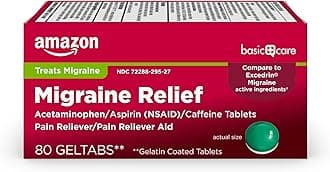 Migraine Relief Geltabs, Pain Reliever, Acetaminophen 250 mg, Aspirin 250 mg (NSAID) and Caffeine 65 mg, Headache Relief, 80 Count