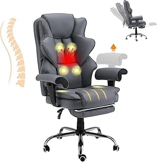 HOMREST6-Point Massage Office Chair,Heating Executive Chair,Ergonomic Home Office Desk Chair with Retractable Footrest and Reclining Function,Leather Computer Chair with Adjustable Armrest(Gray)