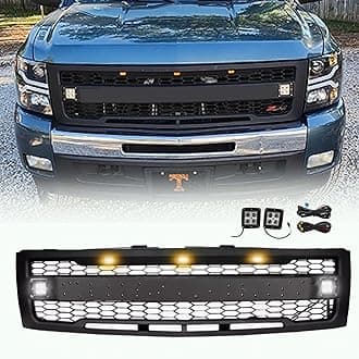 Front Grille Compatible with 2007 2008 2009 2010 2011 2012 2013 Chevy Silverado 1500, Replacement Grill Mesh Style with 3 LED Lights and 2 Side Lights (Matte Black with Letters)