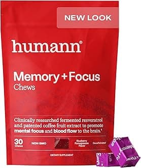 Humann Memory and Focus Chews, Brain Supplement for Mental Alertness with Beet Root Powder, Clinically Studied Nootropics, Resveratrol Plus Beet Root Powder, Blueberry Pomegranate Flavor, 30 Count