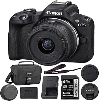 EOS R50 Mirrorless Camera with 18-45mm Lens (Black) Bundle with 64GB Memory Card + Canon 200ES EOS Shoulder Bag (3 Items)