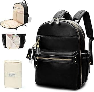 Diaper Bag Backpack Leather Diaper Bag, Baby Diaper Bag for Baby, 16 Pockets with Hand Sanitizer Holder, Changing Pad, 2 Insulated Pockets(Black)