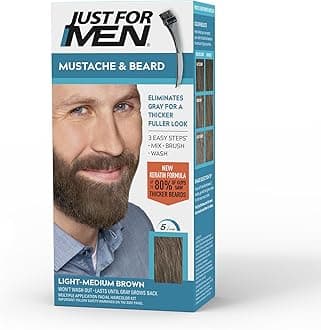 Just For Men Mustache & Beard, Beard Coloring for Gray Hair with Brush, with Keratin Biotin Aloe and Coconut Oil for Healthy Facial Hair - Light-Medium Brown, M-30, Pack of 1 (Packaging May Vary)