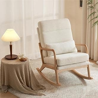 pazezog Rocking Chair,High Back Mid-Century Modern Accent Chair,Nursery Rocking Chair with Wooden Armrest,Upholstered Glider Rocker with Lumbar Pillow for Living Room