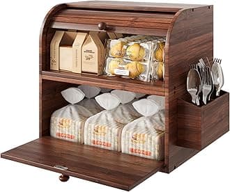 TQVAI Bamboo Bread Box for Kitchen Counter Double Layer Roll Top Bread Storage Container with Silverware Basket - Can Use as 2 Individual Bread Bin - Assembly Required, Retro Brown