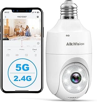AlkiVision 2K Light Bulb Security Camera - 5G&2.4GHz Dual Bands 360° Motion Detection Cameras for Home Security, Full-Color Night Vision, Auto Tracking, Siren Alarm, 24/7 Recording