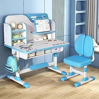 Remorui Kids Desk and Chair Set, Study Table and Chair, Desk for Kids, Children's Desks with Golden Distance Design, Homeschooling Writing Desk with Desktop for Boys and Girls