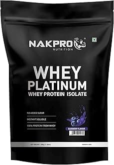 NAKPRO Platinum Whey Protein Isolate 500g Blueberry | 28g Protein, 6.4g BCAA | Trustified Certified 100% Authentic Supplement Powder & No Adulteration | Low Carbs, Fast Absorbing Whey Protein Powder