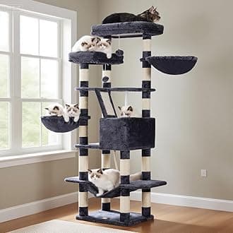 Heybly Cat Tree for Large Cats,68 inch Multi-Level Cat Tower for Indoor Cats,2 Widened Plush Perches Cat Condo with Scracthing Board and Big Caves,Smoky Gray HCT025G