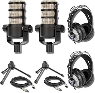Rode PodMic Dynamic Podcast Microphone (Pair) with Gator GFW-MIC-0250 Desktop Mic Stands, TH-02 Podcast Headphones, XLR Cables and StreamEye Polishing Cloth