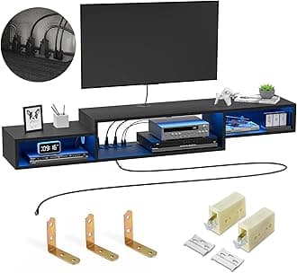 FABATO 59'' Floating TV Stand with LED Light Power Outlet, Floating Shelf for Under TV Wall Mount with Storage Shelf, Media Console Entertainment Center for Living Room, Black