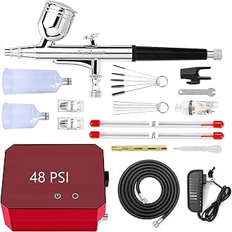 Gocheer Airbrush Kit with Air Compressor, 40 PSI High Pressure Air Brush Non-Clogging with 0.2/0.3/0.5mm Nozzle/Cleaning Sets, Ideal for Painting, Modeling, Cake Decor, Makeup, Nail Art Red