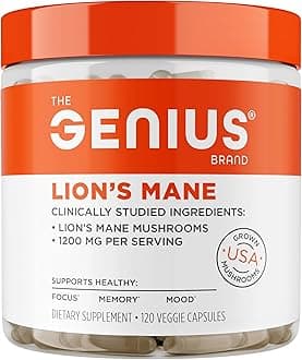 Genius Lion's Mane - Plant-Based Supplement for Memory, Focus & Mood Support - Organic & Non-GMO - 120 Veggie Capsules